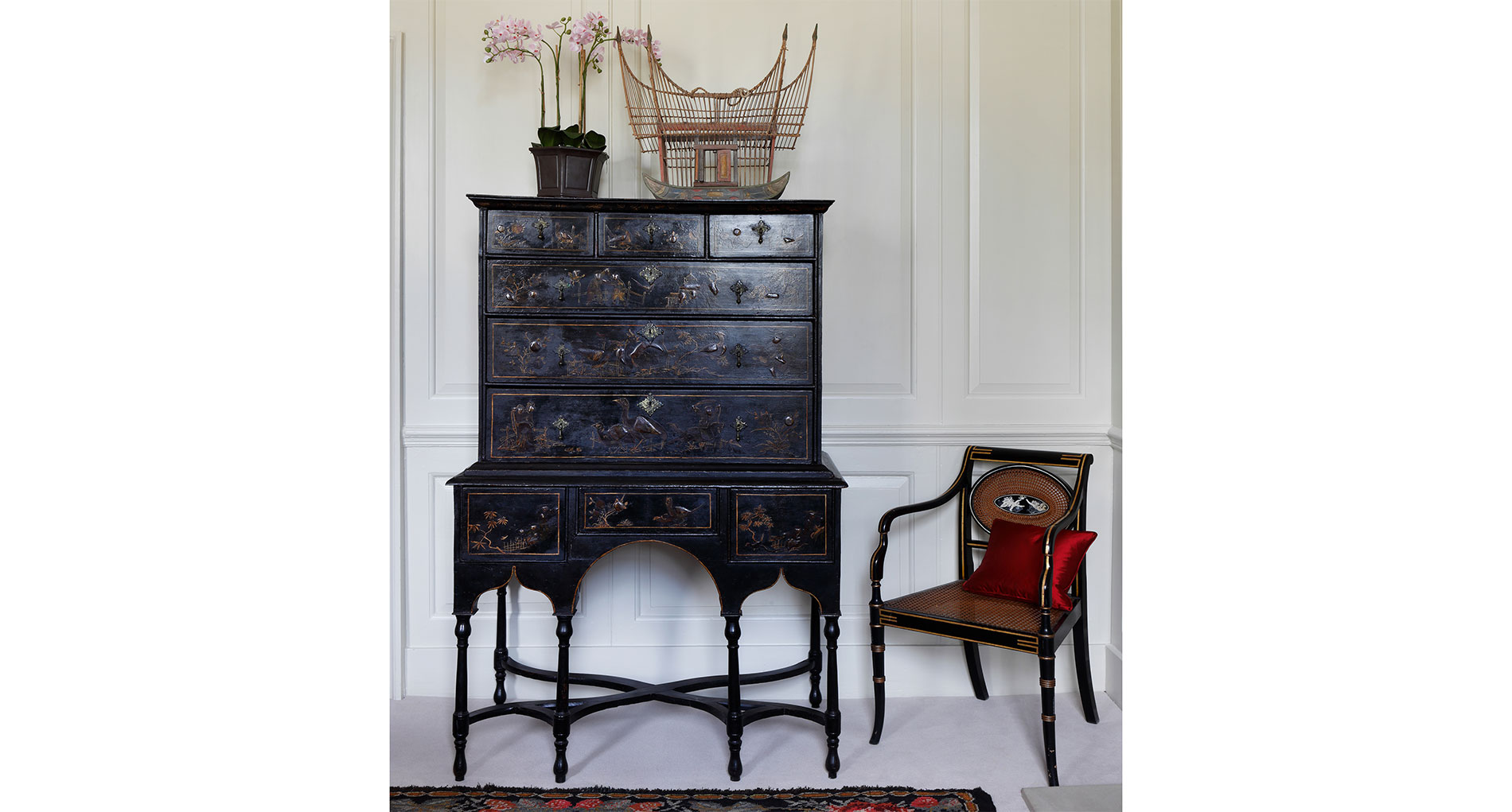 WILLIAM AND MARY BLACK JAPANNED CHEST ON STAND